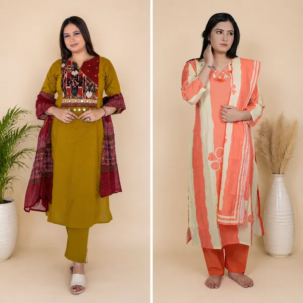Ethnic_Kurta_Set_With_Ajrakh_Print_Dupatta_And_Women_Striped_Kurta_Dupatta_Set_With_Embroidery_Combo_Pack_Of_2