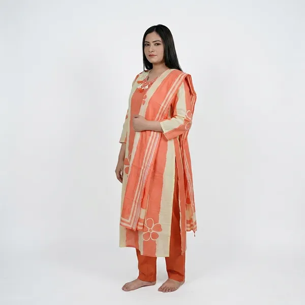Coral_And_Beige_Women_Striped_Kurta_Dupatta_Set_With_Embroidery
