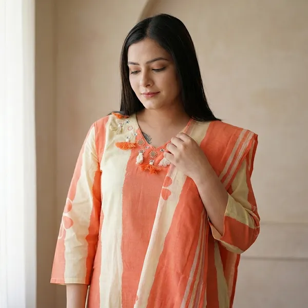 Coral_And_Beige_Women_Striped_Kurta_Dupatta_Set_With_Embroidery