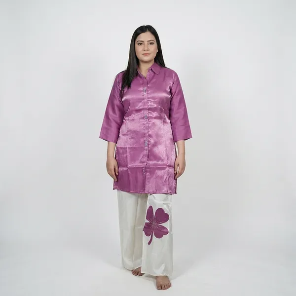 Purple_&_White_Women_Satin_Kurta_With_White_Floral_Print_Palazzo_Set