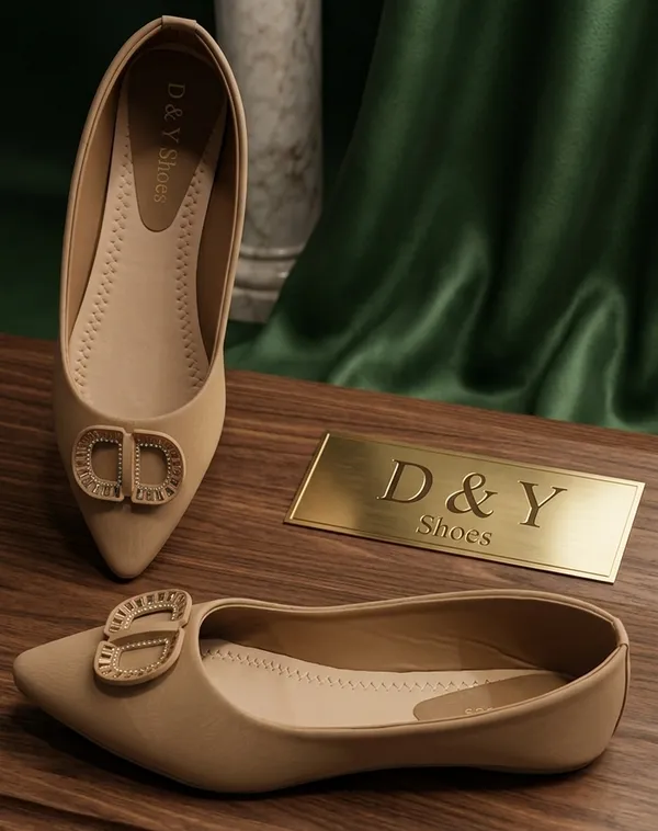 Beige_Pvc_Leather_Embellished_Pointed_Toe_Ballet_Flats_For_Women