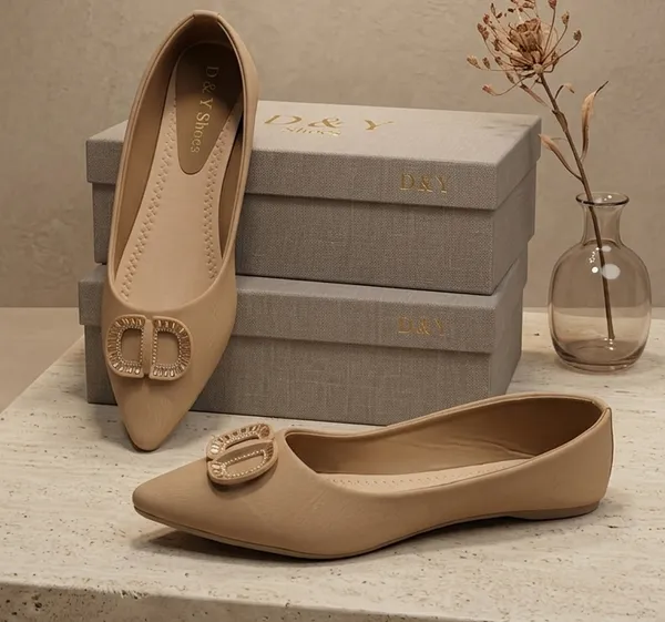 Beige_Pvc_Leather_Embellished_Pointed_Toe_Ballet_Flats_For_Women