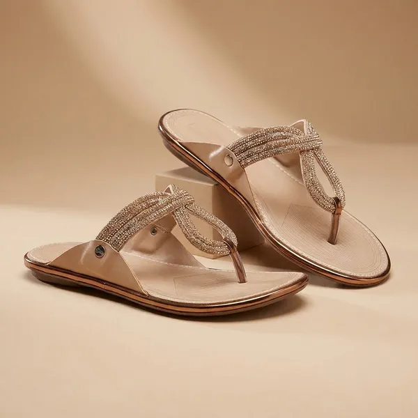 Beige_Pvc_Lycra_T-Strap_Embellished_Flat_Sandals_For_Women