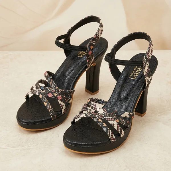 Black_Pvc_Leather_Strappy_Floral_Block_Heel_Sandals_For_Women