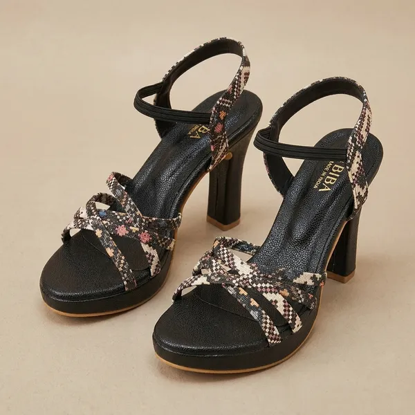 Black_Pvc_Leather_Strappy_Floral_Block_Heel_Sandals_For_Women