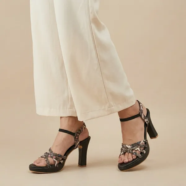 Black_Pvc_Leather_Strappy_Floral_Block_Heel_Sandals_For_Women