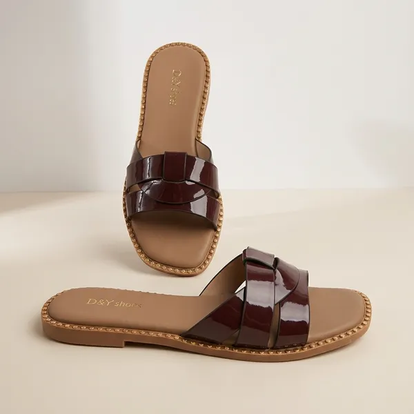 Brown_Pvc_Leather_Patent_Studded_Slide_Sandals_For_Women