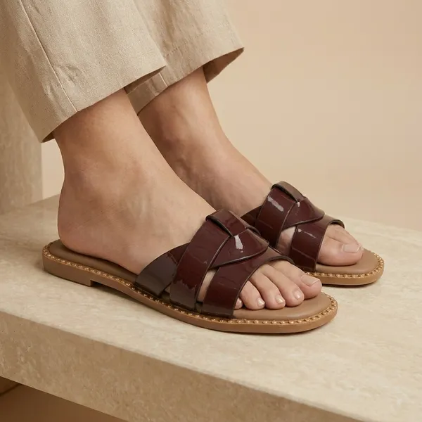 Brown_Pvc_Leather_Patent_Studded_Slide_Sandals_For_Women