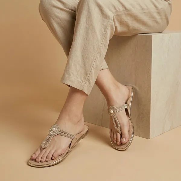 Beige_Pvc_Leather_Embellished_Flat_Sandals_For_Women
