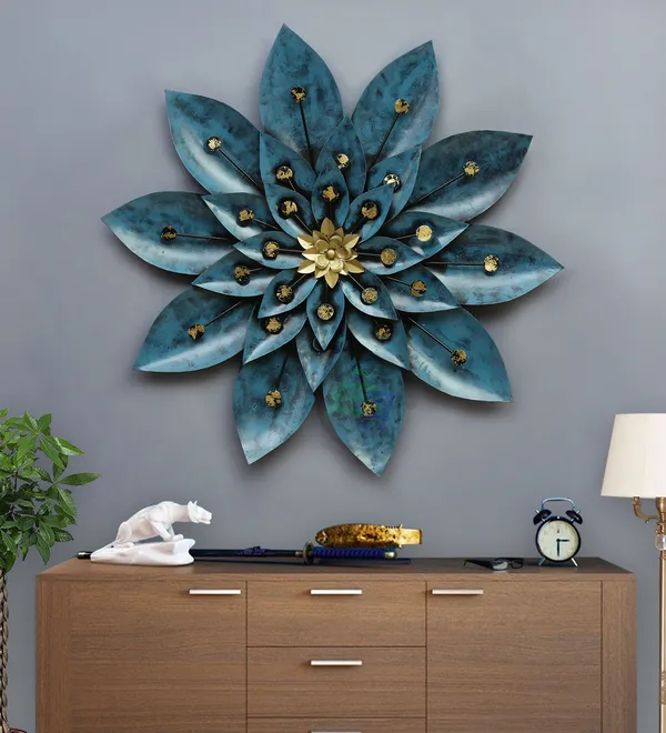 Decorative_Teal_Blue_Metal_Flower_Wall_Art_With_Gold_Accents