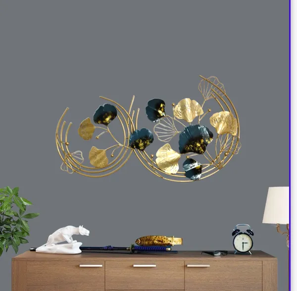 Golden_Lotus_&_Ginkgo_Leaf_Metal_Wall_Art_With_Navy_Blue_Flowers