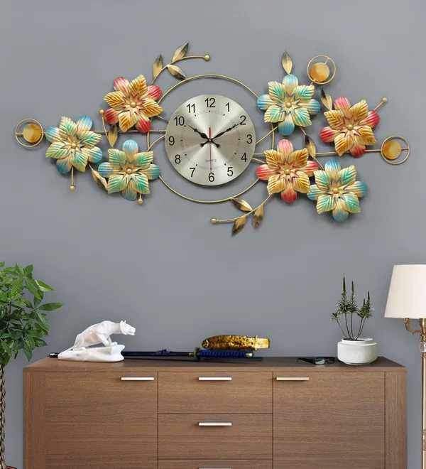 Decorative_Floral_Wall_Clock_With_Metal_Flowers_And_Gemstone_Accents