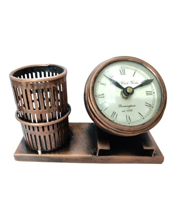 Vintage_Brass_Pen_Stand_With_Clock_And_Holder