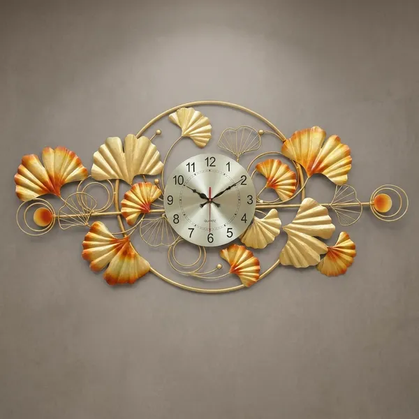 Golden_Ginkgo_Leaf_Wall_Clock_With_Decorative_Metal_Art