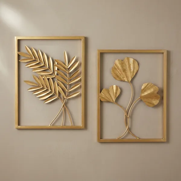 Golden_Metal_Wall_Art_-_Set_Of_2_(Fern_Leaves_&_Ginkgo_Flowers)