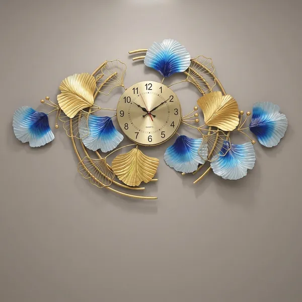 Decorative_Metal_Wall_Clock_With_Blue_And_Gold_Ginkgo_Leaf_Design