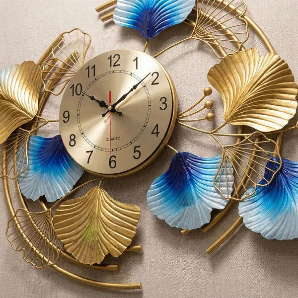 Decorative_Metal_Wall_Clock_With_Blue_And_Gold_Ginkgo_Leaf_Design