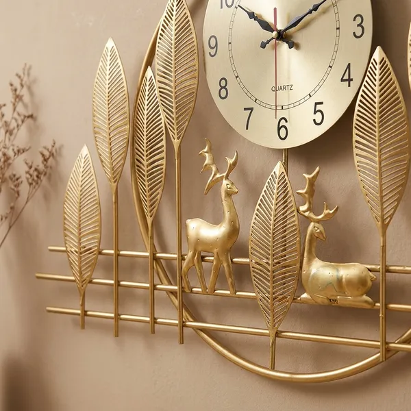 Golden_Deer_Forest_Wall_Clock_With_Metal_Leaf_Design
