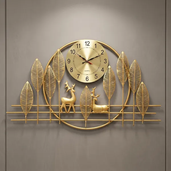 Golden_Deer_Forest_Wall_Clock_With_Metal_Leaf_Design