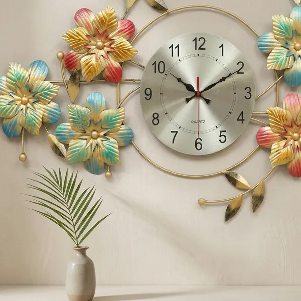 Decorative_Floral_Wall_Clock_With_Metal_Flowers_And_Gemstone_Accents