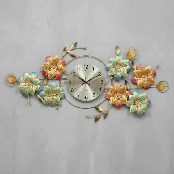 Decorative_Floral_Wall_Clock_With_Metal_Flowers_And_Gemstone_Accents