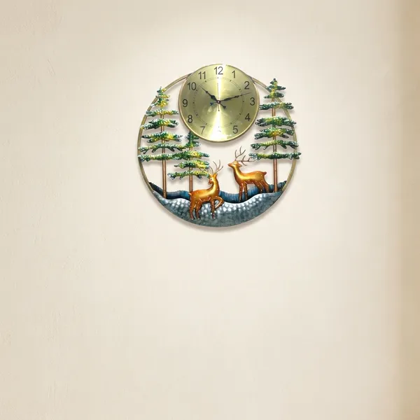 Decorative_Metal_Wall_Clock_With_Deer_And_Pine_Tree_Design