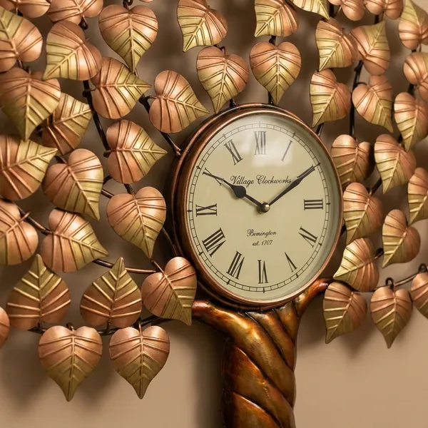 Decorative_Tree-Shaped_Metal_Wall_Clock_With_Golden_Leaves