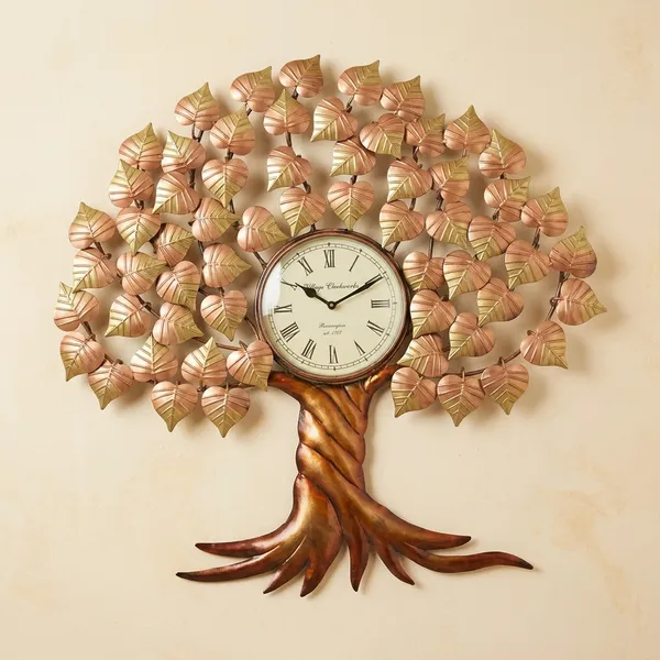 Decorative_Tree-Shaped_Metal_Wall_Clock_With_Golden_Leaves