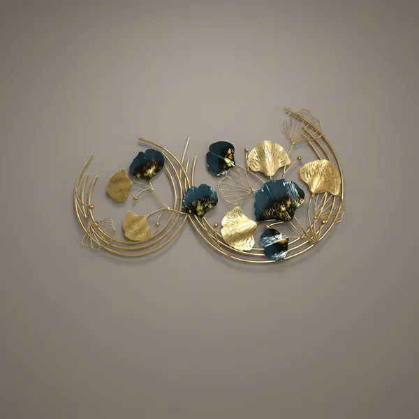 Golden_Lotus_&_Ginkgo_Leaf_Metal_Wall_Art_With_Navy_Blue_Flowers