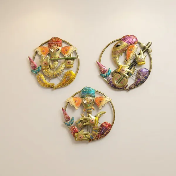 Set_Of_3_Decorative_Ganesha_Wall_Hangings_-_Circular_Metal_Art_With_Colorful_Detailing