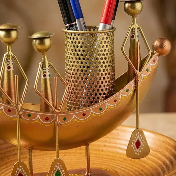 Decorative_Golden_Boat_Pen_Stand_With_Figurines