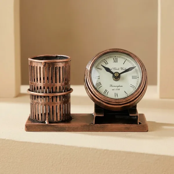 Vintage_Brass_Pen_Stand_With_Clock_And_Holder