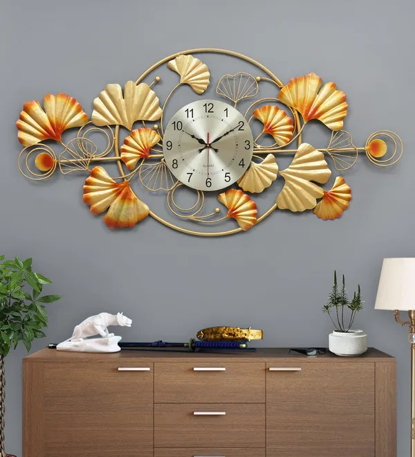 Golden_Ginkgo_Leaf_Wall_Clock_With_Decorative_Metal_Art
