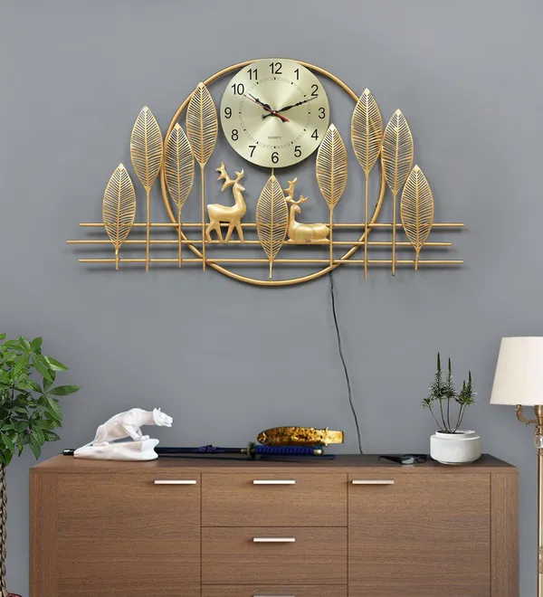 Golden_Deer_Forest_Wall_Clock_With_Metal_Leaf_Design