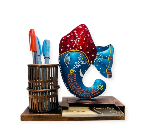 Hand-Painted_Ganesha_Pen_Stand_With_Wooden_Base_-_Decorative_Desk_Organizer