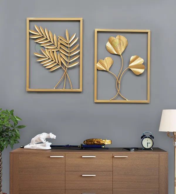 Golden_Metal_Wall_Art_-_Set_Of_2_(Fern_Leaves_&_Ginkgo_Flowers)