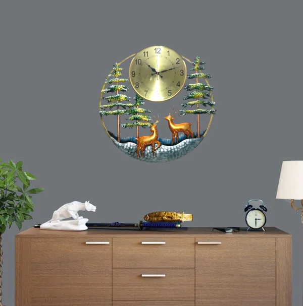 Decorative_Metal_Wall_Clock_With_Deer_And_Pine_Tree_Design