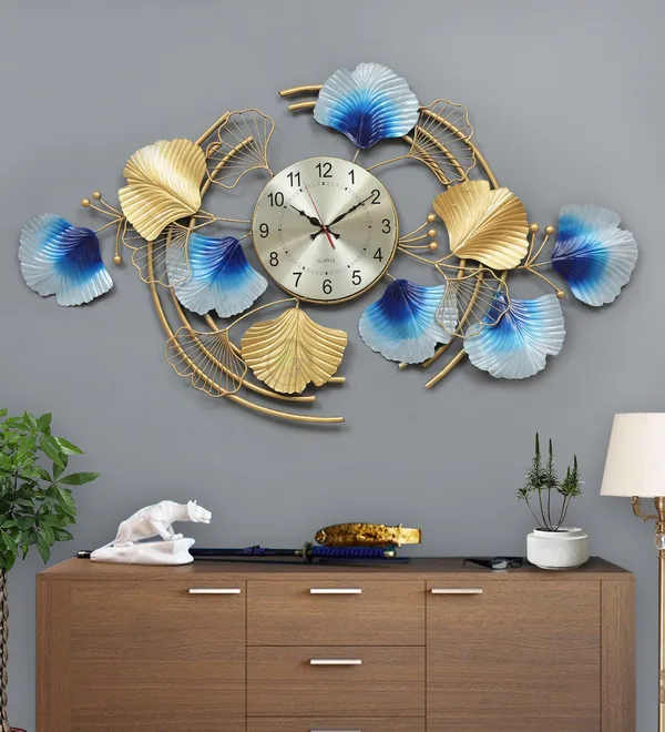 Decorative_Metal_Wall_Clock_With_Blue_And_Gold_Ginkgo_Leaf_Design