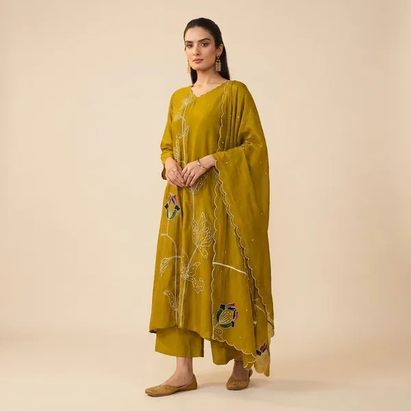 Mustard_Yellow_Premium_Cotton_Embroidered_With_Asymmetric_Hemline_Kurta_Set_For_Women