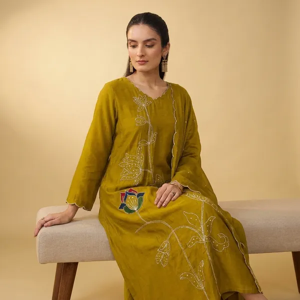 Mustard_Yellow_Premium_Cotton_Embroidered_With_Asymmetric_Hemline_Kurta_Set_For_Women