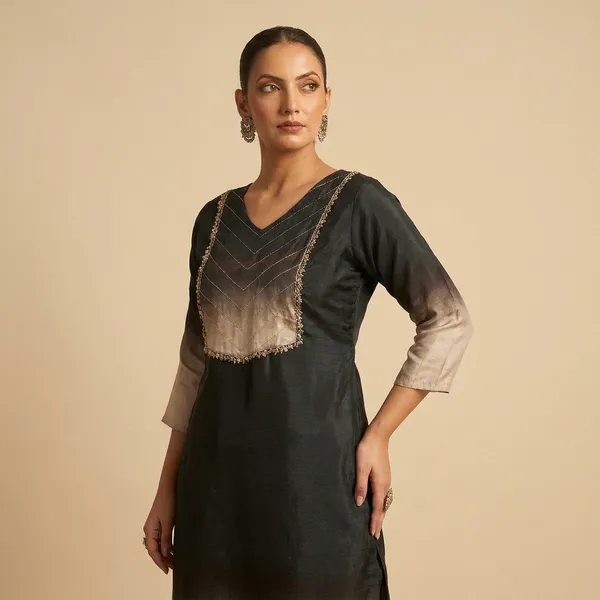 Black_And_Beige_Premium_Cotton_Blend_Gradient_Ombre_Kurta_Set_With_Dupatta_For_Women