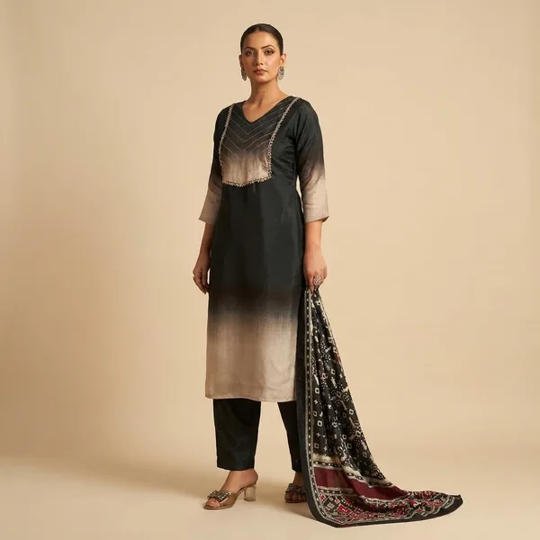 Black_And_Beige_Premium_Cotton_Blend_Gradient_Ombre_Kurta_Set_With_Dupatta_For_Women