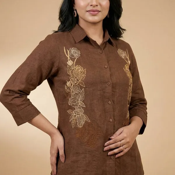 Brown_Premium_Cotton_Blend_Elegant_Embroidered_Shirt_And_Palazzo_Set_For_Women