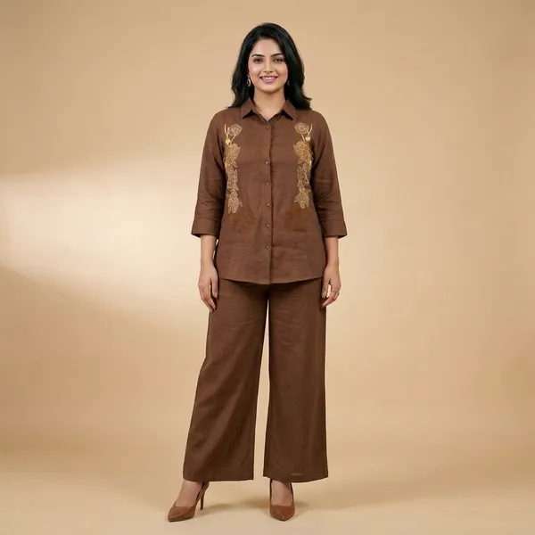 Brown_Premium_Cotton_Blend_Elegant_Embroidered_Shirt_And_Palazzo_Set_For_Women