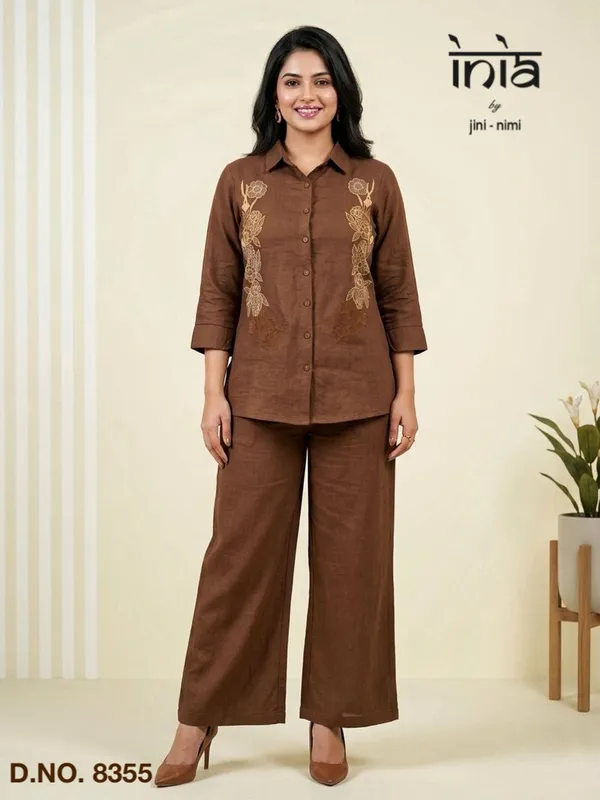 Brown_Premium_Cotton_Blend_Elegant_Embroidered_Shirt_And_Palazzo_Set_For_Women