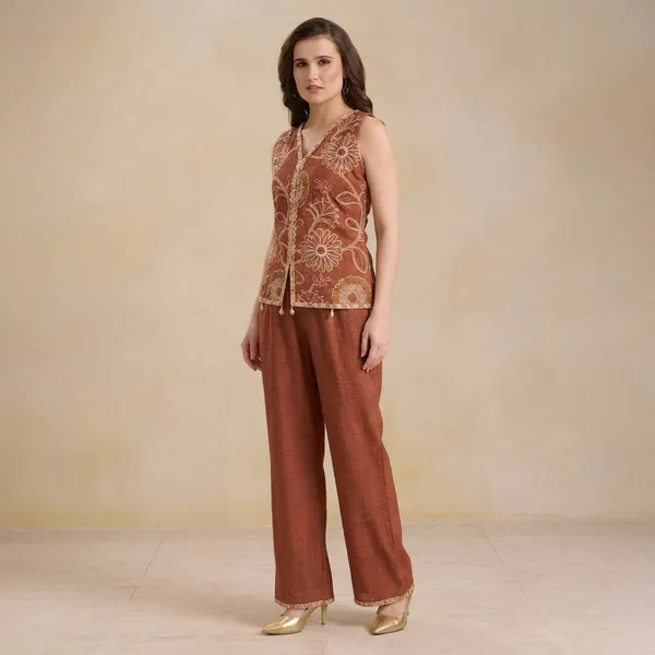 Brown_Premium_Rayon_Ethnic_Embroidered_Sleeveless_Top_And_Palazzo_Set_For_Women