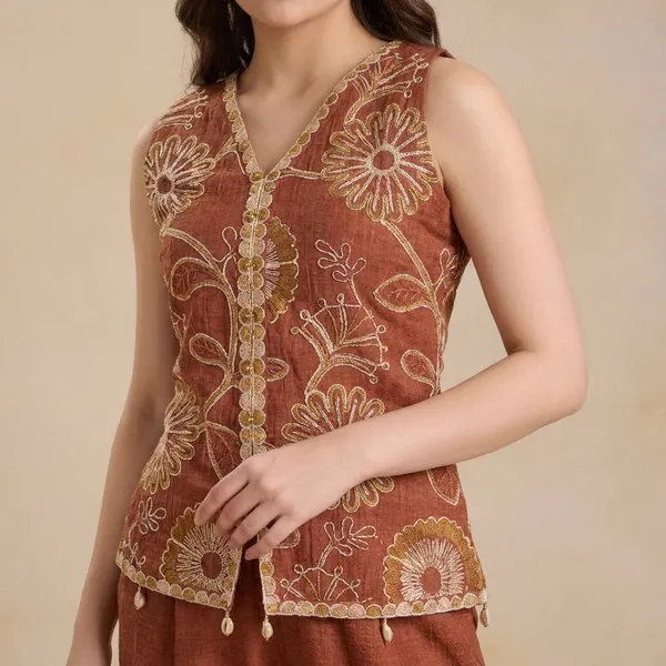 Brown_Premium_Rayon_Ethnic_Embroidered_Sleeveless_Top_And_Palazzo_Set_For_Women