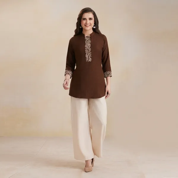 Brown_Premium_Cotton_Ethnic_Embroidery_Kurti_With_Palazzo_Set_For_Women