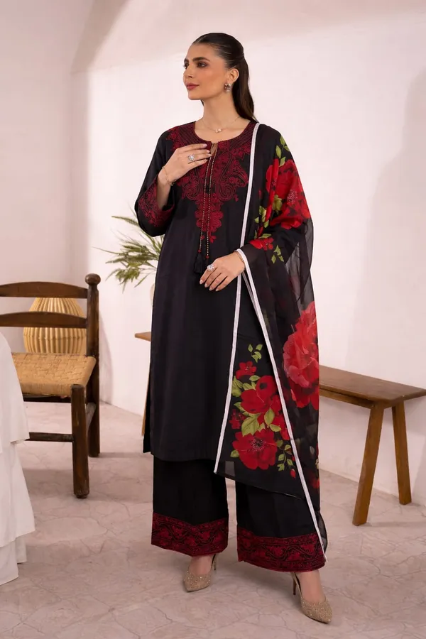 Black_Cotton_Embroidered_Kurta_With_Farshi_Pants_And_Dupatta_For_Women