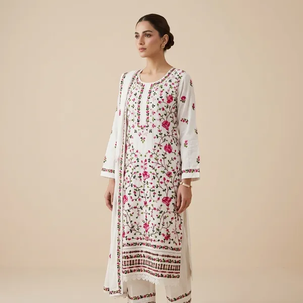 White_Floral_Embroidered_Cotton_Lucknowi_Kurta_Set_With_Dupatta_For_Women
